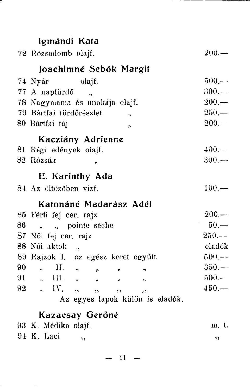 Katonáné Madarász Adél 85 Férfi fej cer. rajz 200 86 pointe séche 50. 87 Női fej cer. rajz 250.- - 88 Női aktok,, eladók 89 Rajzok I.