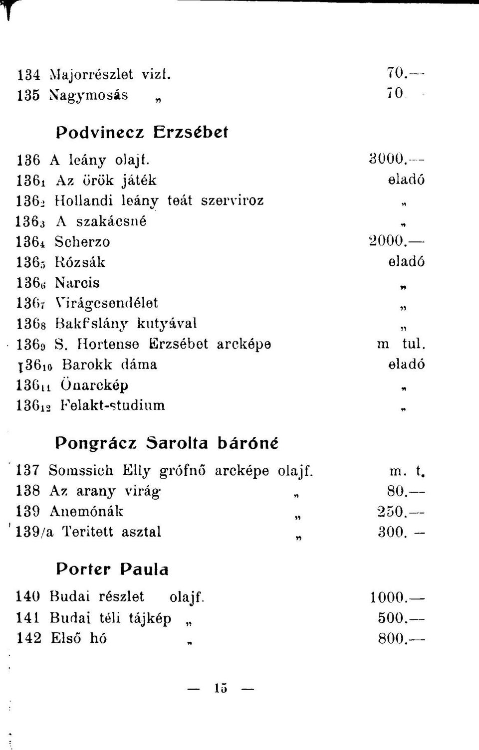 136,-i Rózsák eladó 136 ( ; Narcis 1367 Virágcsendélet 136s Bakfslány kutyával 136a S. Hortense Erzsébet arcképe m tul.