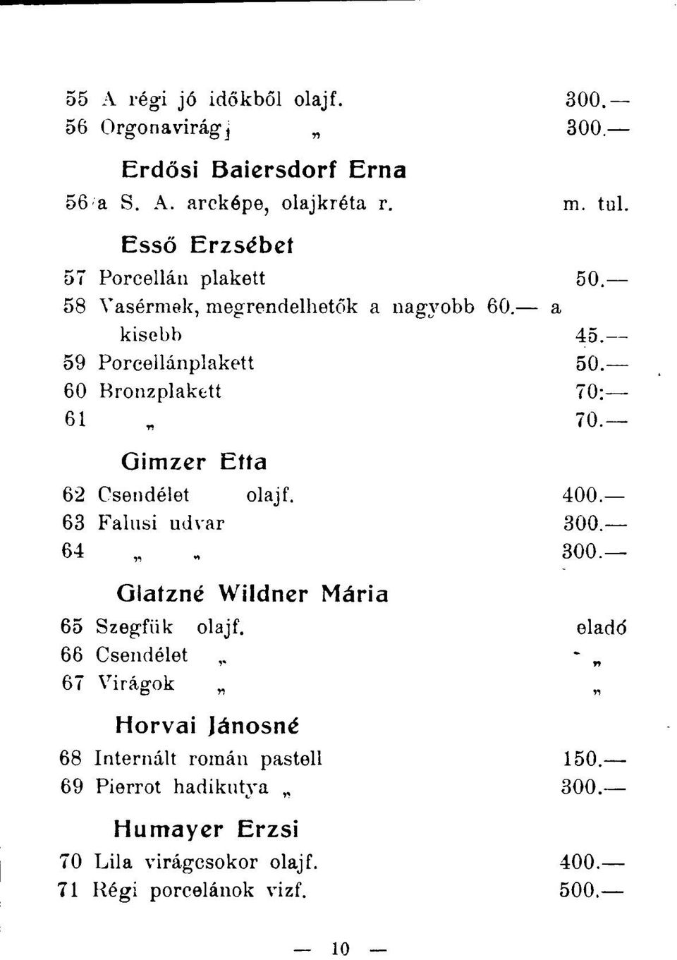 60 Bronzplakett 70: 61 70. Gimzer Etta 62 Csendélet olajf. 400. 63 Falusi udvar 300. 64 300. Glatzné Wildner Mária 65 Szegfűk olajf.