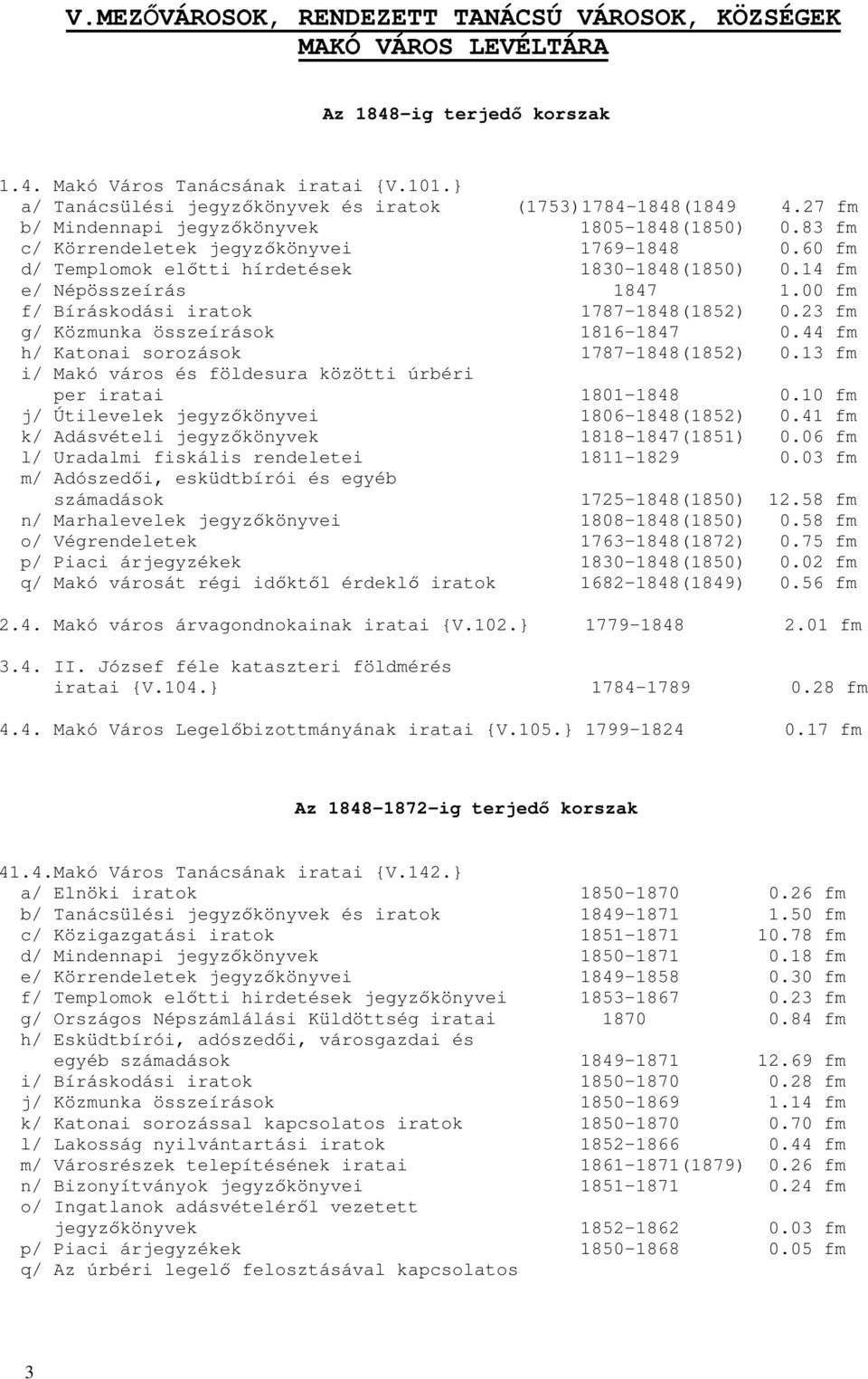 60 fm d/ Templomok előtti hírdetések 1830-1848(1850) 0.14 fm e/ Népösszeírás 1847 1.00 fm f/ Bíráskodási iratok 1787-1848(1852) 0.23 fm g/ Közmunka összeírások 1816-1847 0.