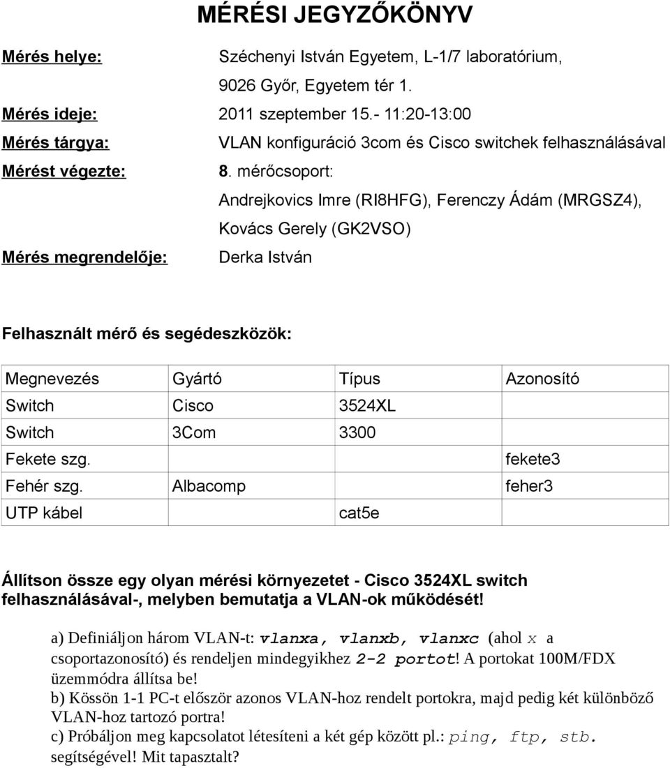 mérőcsoport: Andrejkovics Imre (RI8HFG), Ferenczy Ádám (MRGSZ4), Kovács Gerely (GK2VSO) Mérés megrendelője: Derka István Felhasznált mérő és segédeszközök: Megnevezés Gyártó Típus Azonosító Switch