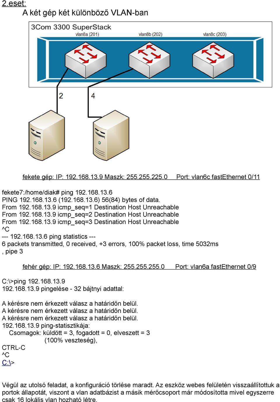 168.13.6 Maszk: 255.255.255.0 Port: vlan6a fastethernet 0/9 C:\>ping 192.168.13.9 192.168.13.9 pingelése - 32 bájtnyi adattal: A kérésre nem érkezett válasz a határidőn belül.