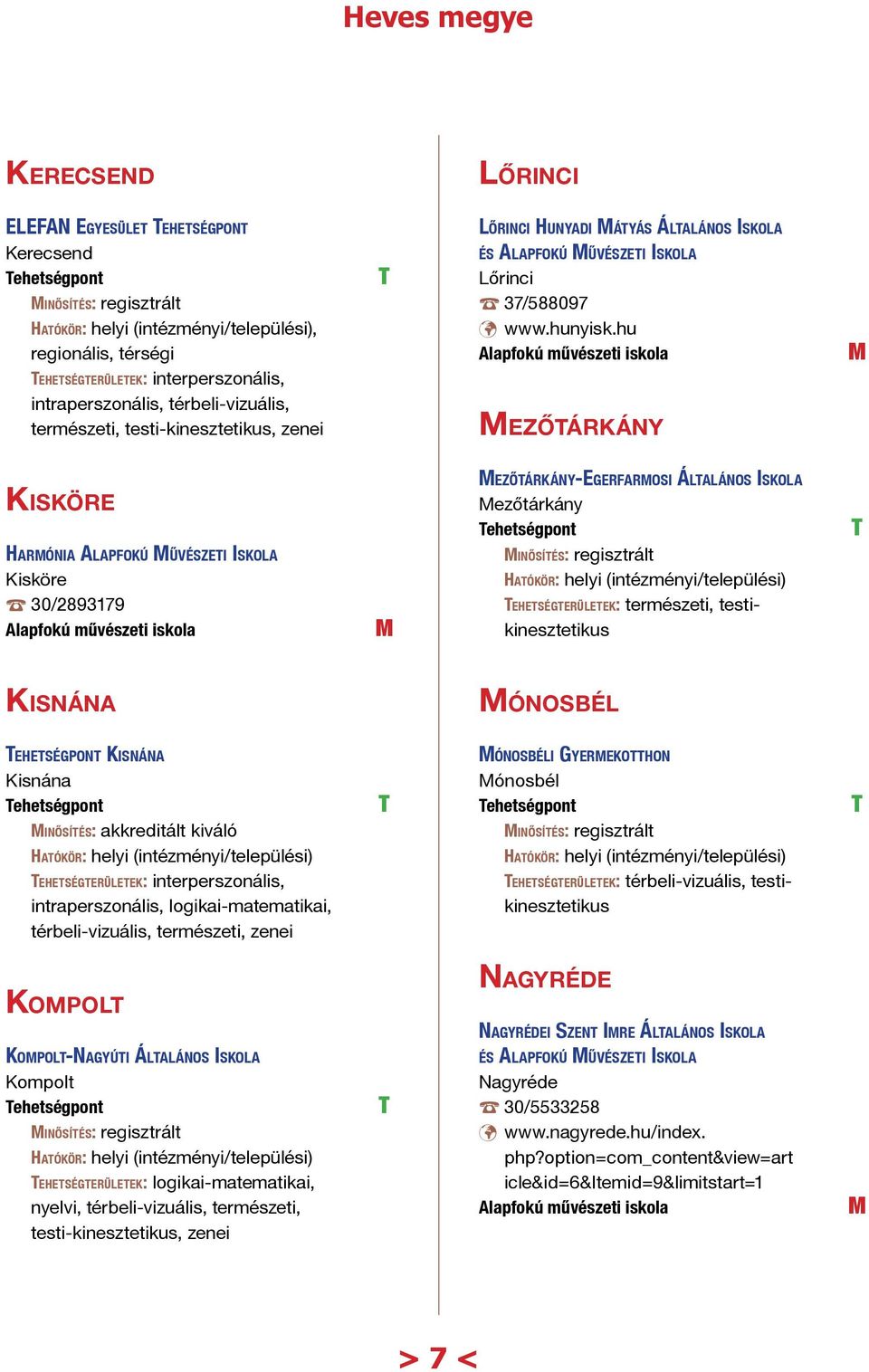 hu ezőtárkány Kisköre Harmónia Alapfokú űvészeti Iskola Kisköre 30/2893179 ezőtárkány-farmosi Általános Iskola ezőtárkány ehetségterületek: természeti, testikinesztetikus Kisnána ónosbél Kisnána