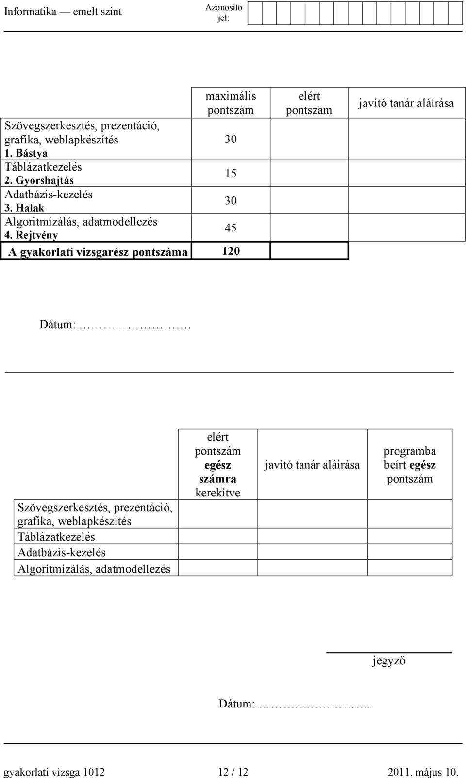 Rejtvény A gyakorlati vizsgarész pontszáma 120 elért pontszám javító tanár aláírása Dátum:.