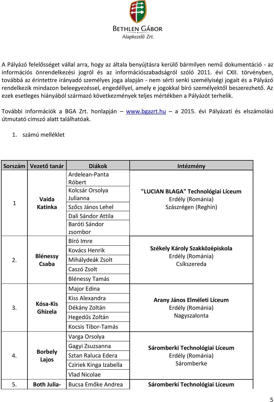 személyektől beszerezhető. Az ezek esetleges hiányából származó következmények teljes mértékben a Pályázót terhelik. További információk a BGA Zrt. honlapján www.bgazrt.hu a 2015.
