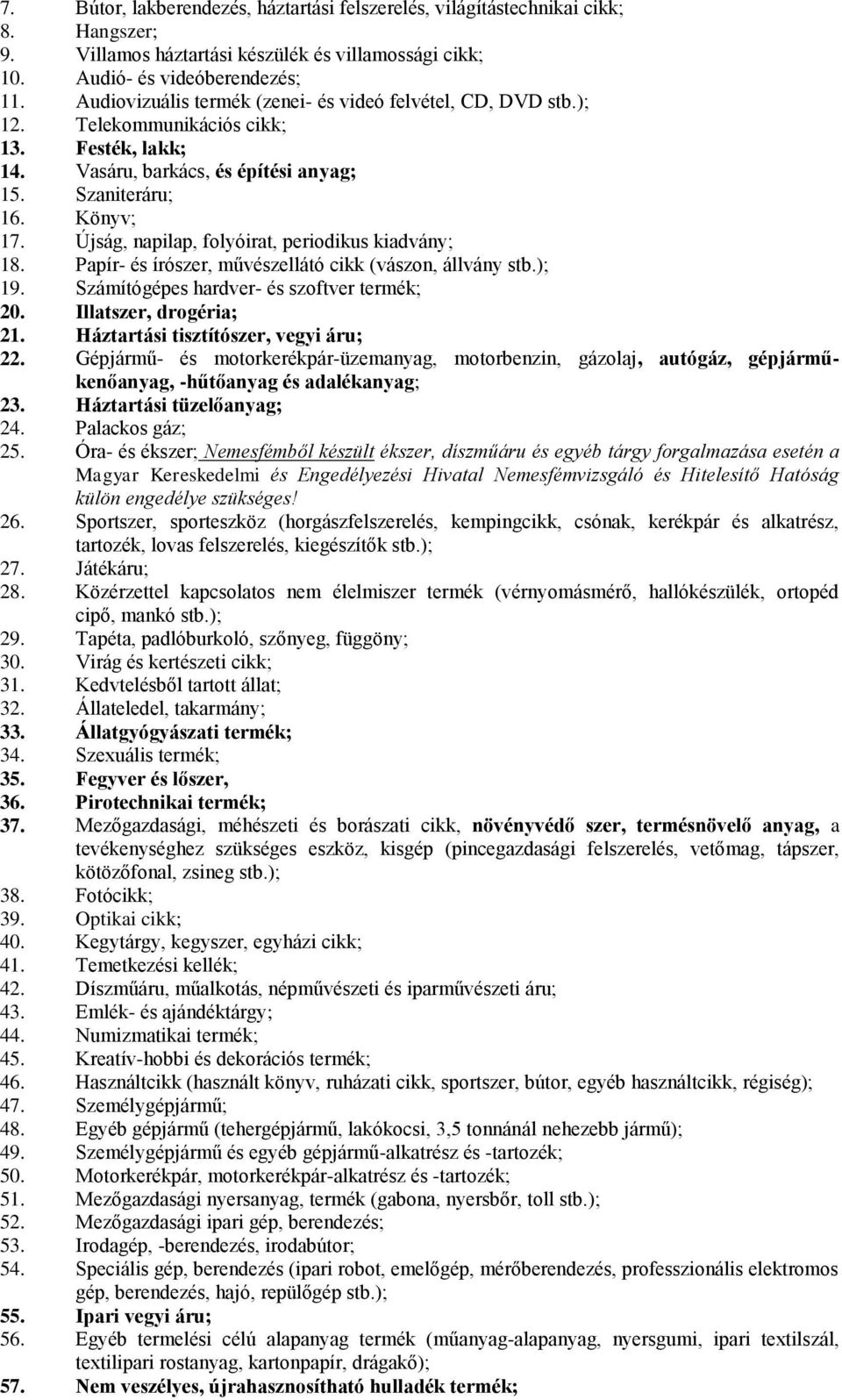 Újság, napilap, folyóirat, periodikus kiadvány; 18. Papír- és írószer, művészellátó cikk (vászon, állvány stb.); 19. Számítógépes hardver- és szoftver termék; 20. Illatszer, drogéria; 21.