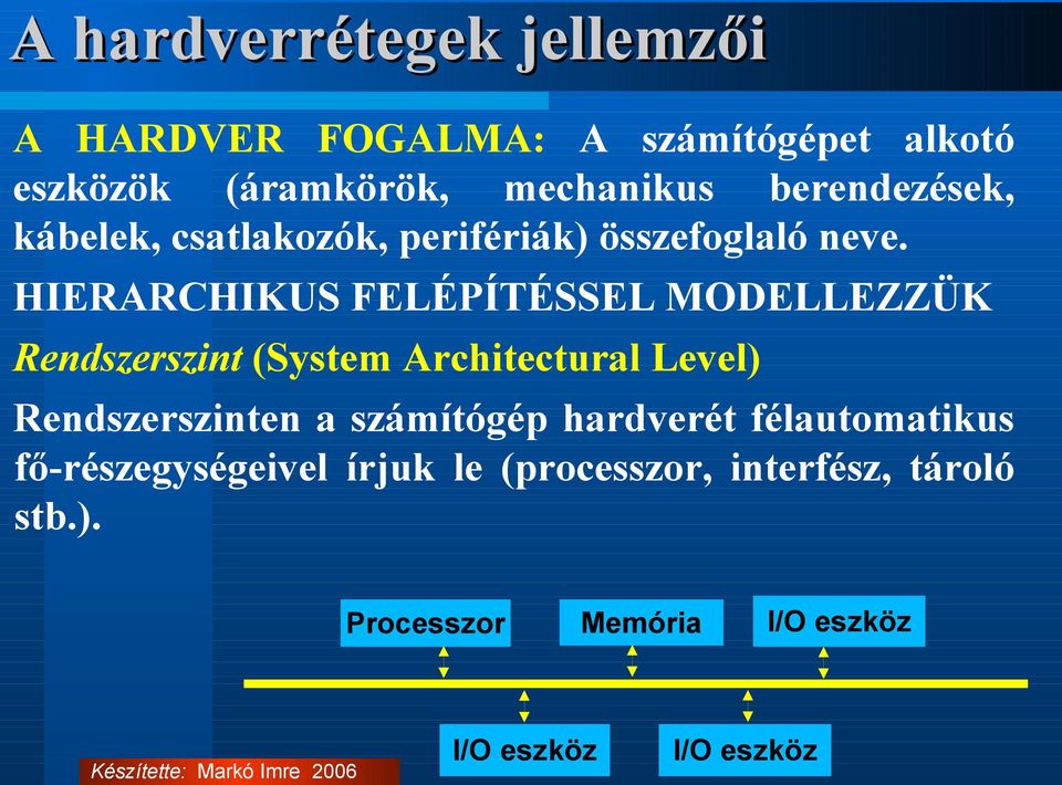 HIERARCHIKUS FELÉPÍTÉSSEL MODELLEZZÜK Rendszerszint (System Architectural Level) Rendszerszinten a