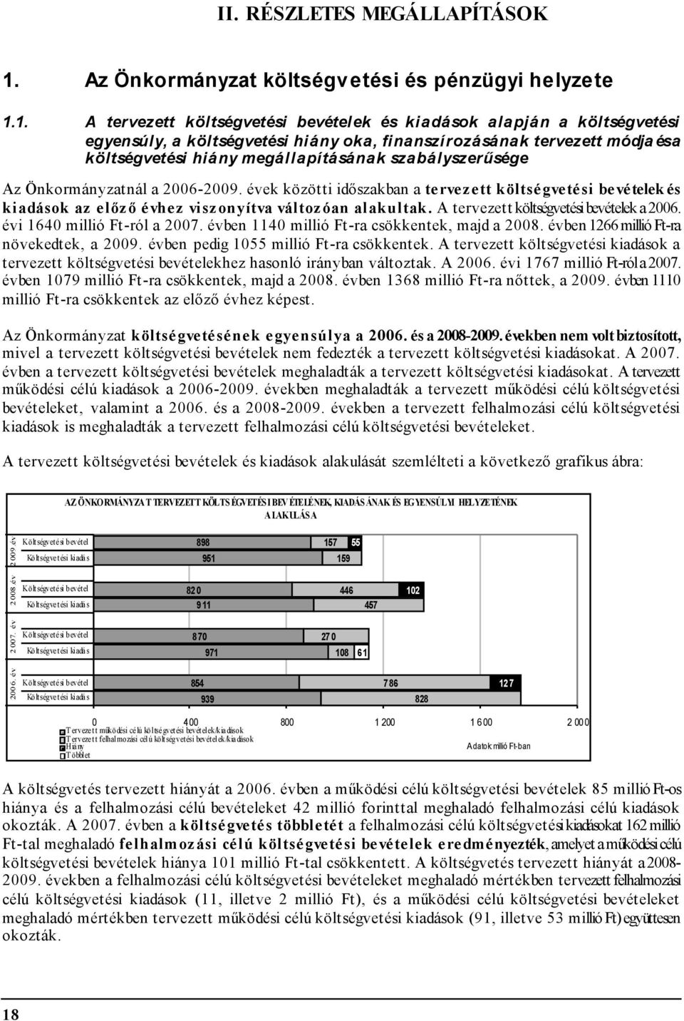 1. A tervezett költségvetési bevételek és kiadások alapján a költségvetési egyensúly, a költségvetési hiány oka, finanszírozásának tervezett módja és a költségvetési hiány megállapításának