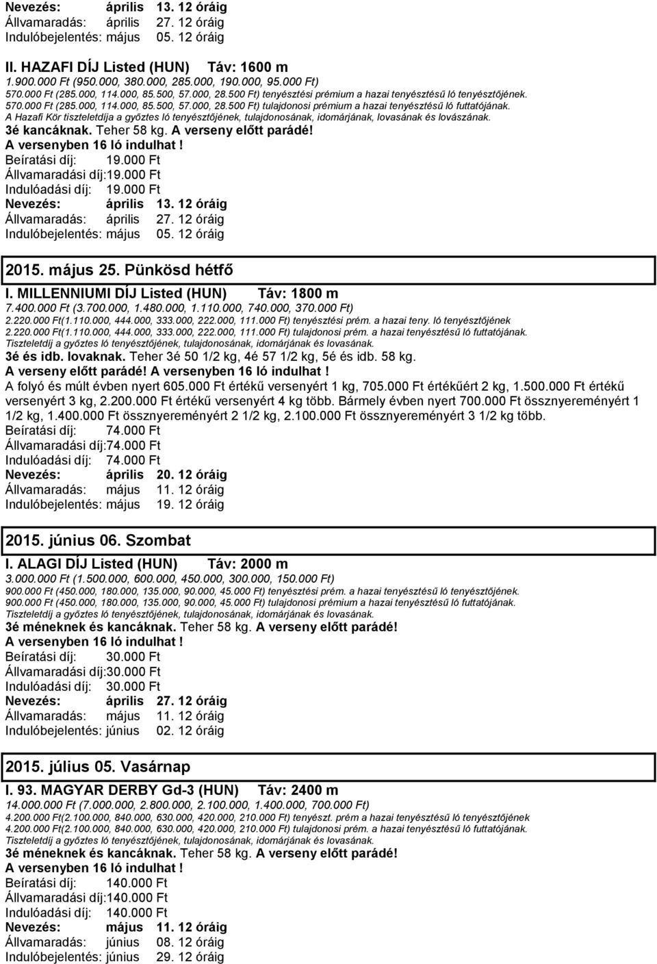 Nevezés: április 13. 12 óráig Állvamaradás: április 27. 12 óráig Indulóbejelentés: május 05. 12 óráig 2015. május 25. Pünkösd hétfő I. MILLENNIUMI DÍJ Listed (HUN) Táv: 1800 m 7.400.000 Ft (3.700.