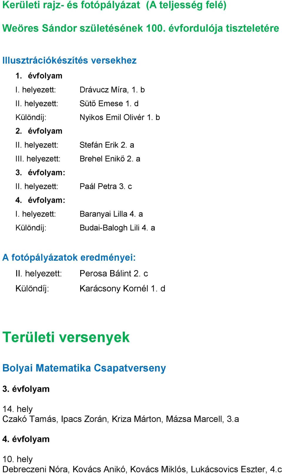 évfolyam: I. helyezett: Baranyai Lilla 4. a Különdíj: Budai-Balogh Lili 4. a A fotópályázatok eredményei: II. helyezett: Perosa Bálint 2. c Különdíj: Karácsony Kornél 1.