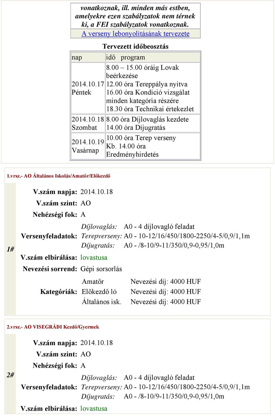 00 óra Kondíció vizsgálat minden kategória részére 18.30 óra Technikai értekezlet 8.00 óra Díjlovaglás kezdete 14.00 óra Díjugratás 10.00 óra Terep verseny Kb. 14.00 óra Eredményhirdetés 1.vrsz.