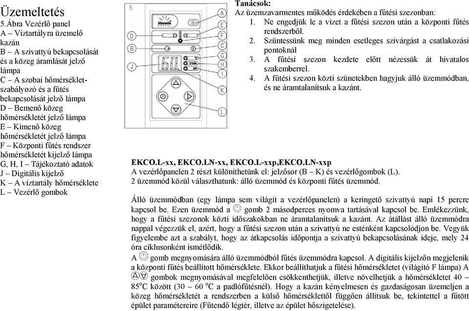 hőmérsékletét jelző lámpa E Kimenő közeg hőmérsékletét jelző lámpa F Központi fűtés rendszer hőmérsékletét kijelző lámpa G, H, I Tájékoztató adatok J Digitális kijelző K A víztartály hőmérséklete L