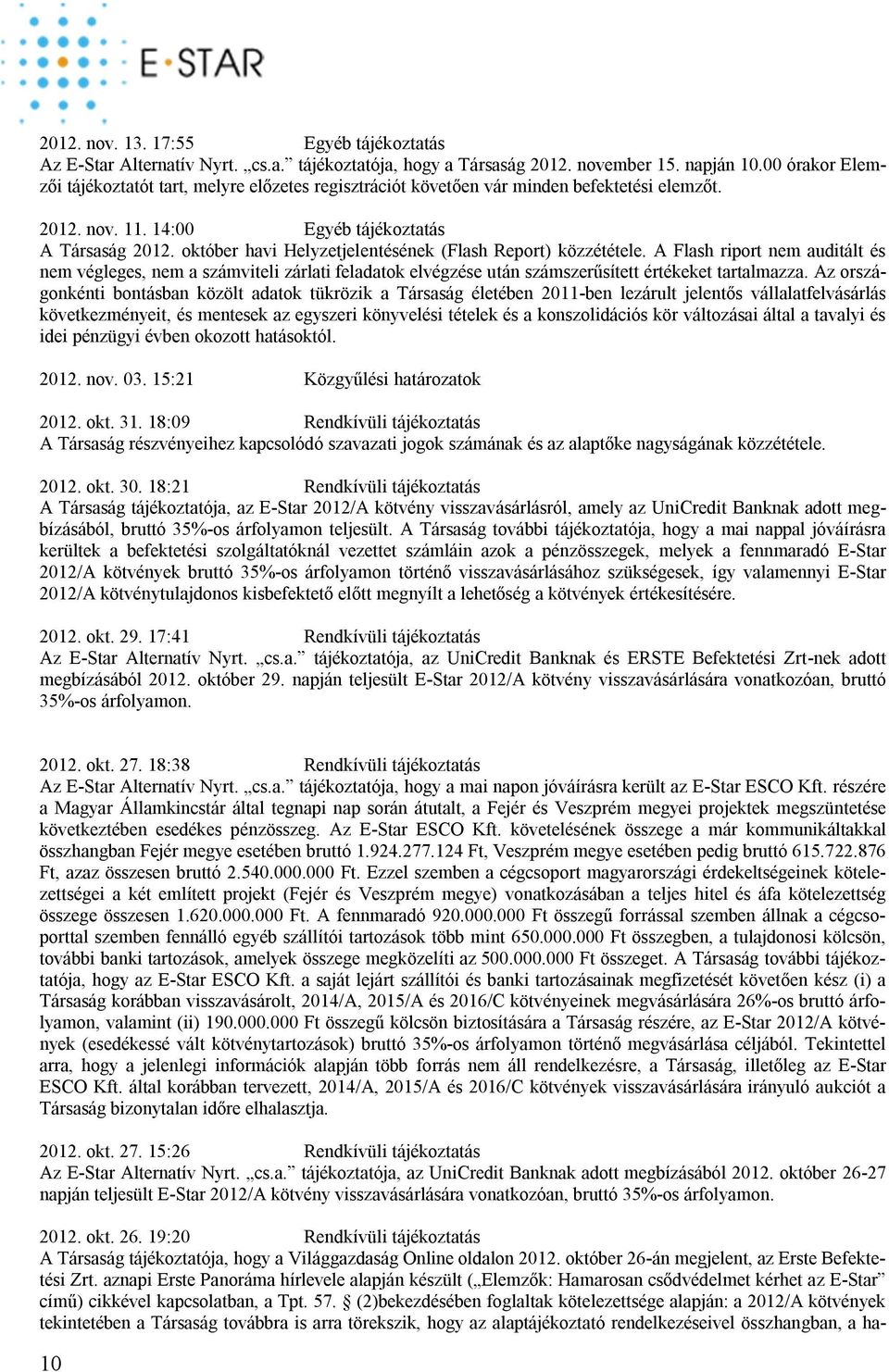 október havi Helyzetjelentésének (Flash Report) közzététele. A Flash riport nem auditált és nem végleges, nem a számviteli zárlati feladatok elvégzése után számszerűsített értékeket tartalmazza.
