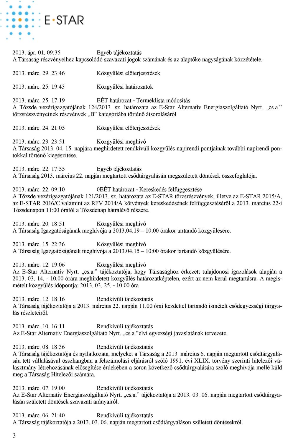 23:51 Közgyűlési meghívó A Társaság 2013. 04. 15. napjára meghirdetett rendkívüli közgyűlés napirendi pontjainak további napirendi pontokkal történő kiegészítése. 2013. márc. 22.