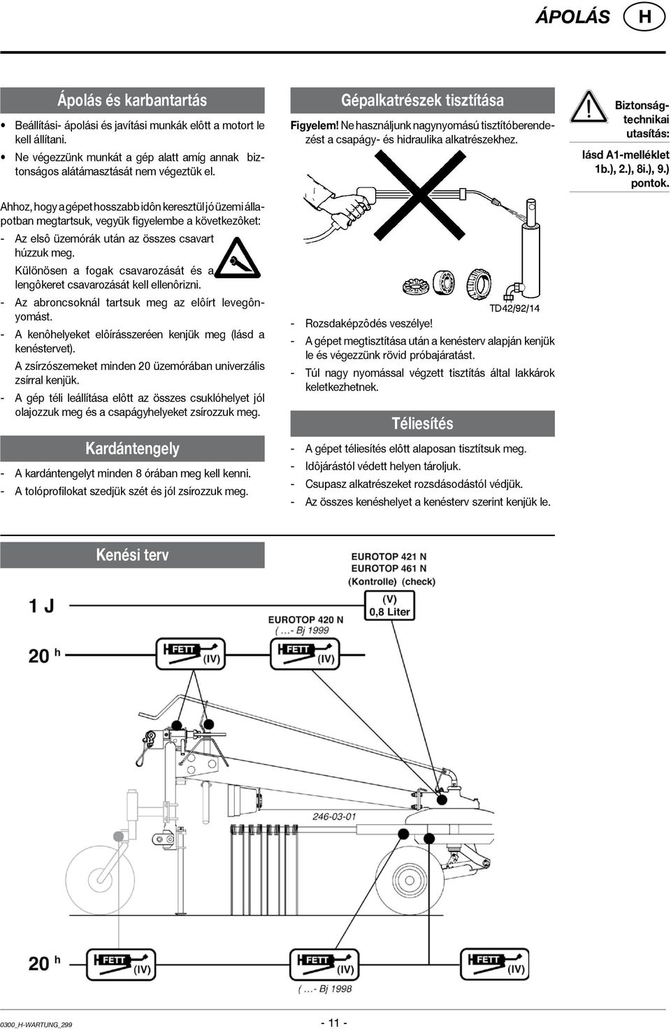 Különösen a fogak csavarozását és a lengôkeret csavarozását kell ellenôrizni. - Az abroncsoknál tartsuk meg az elôírt levegônyomást. - A kenôhelyeket elôírásszeréen kenjük meg (lásd a kenéstervet).