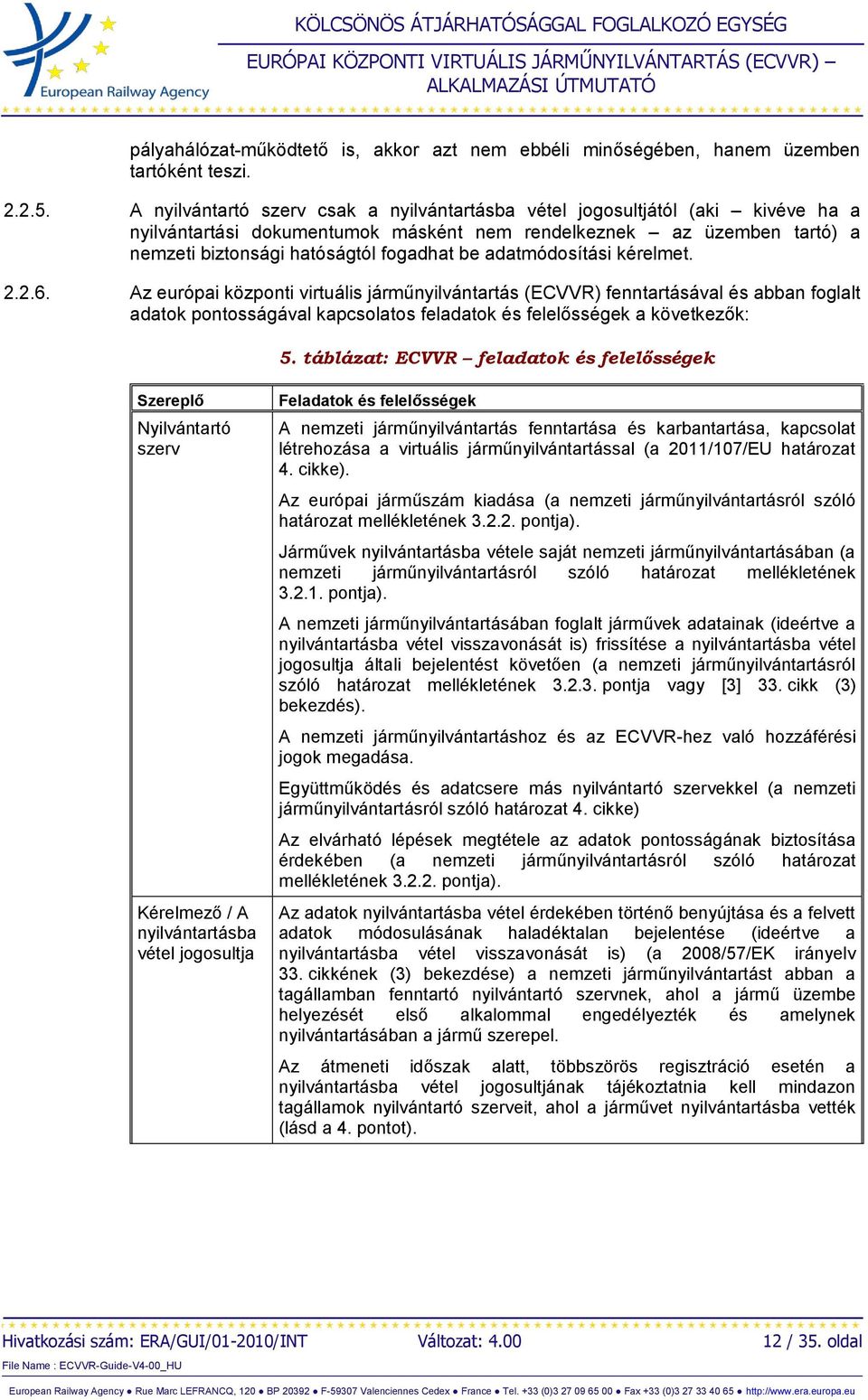 adatmódosítási kérelmet. 2.2.6. Az európai központi virtuális járműnyilvántartás (ECVVR) fenntartásával és abban foglalt adatok pontosságával kapcsolatos feladatok és felelősségek a következők: 5.