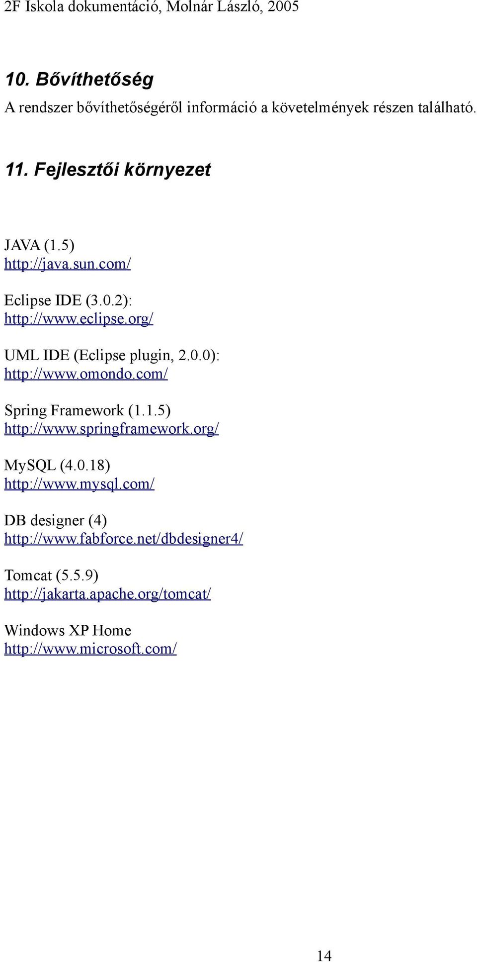 org/ UML IDE (Eclipse plugin, 2.0.0): http://www.omondo.com/ Spring Framework (1.1.5) http://www.springframework.