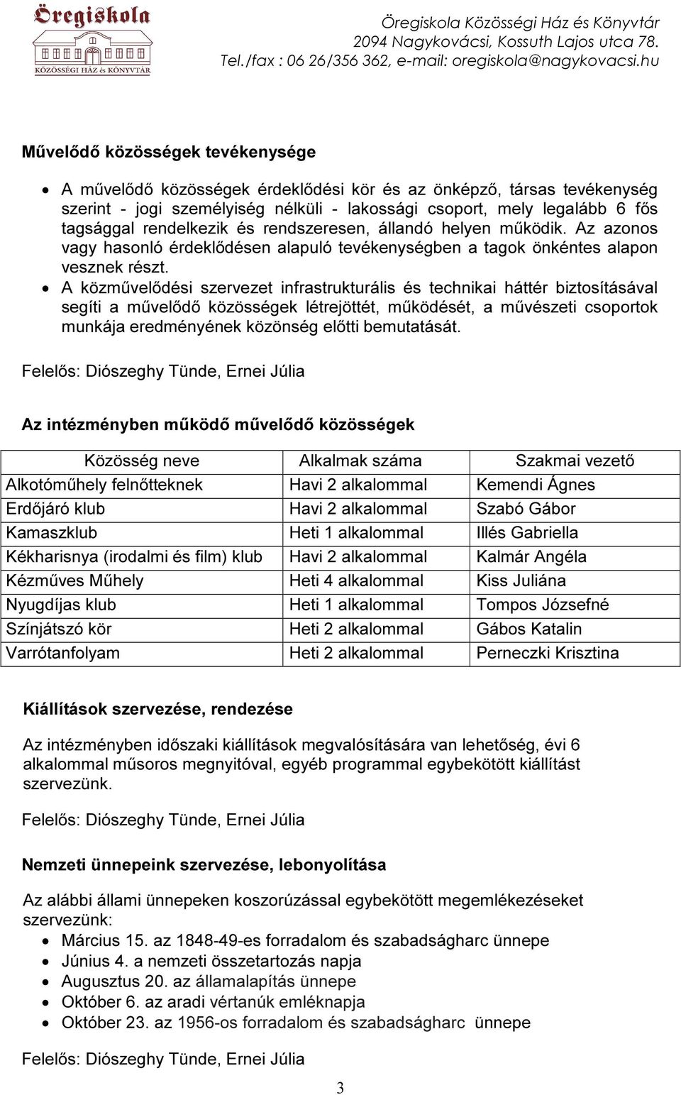 A közművelődési szervezet infrastrukturális és technikai háttér biztosításával segíti a művelődő közösségek létrejöttét, működését, a művészeti csoportok munkája eredményének közönség előtti