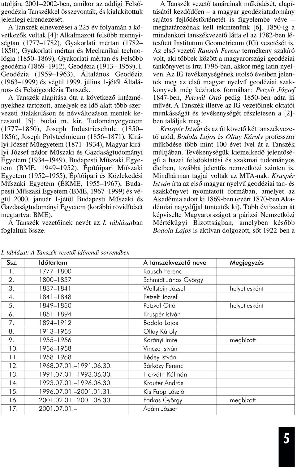 Gyakorlati mértan és Felsõbb geodézia (1869 1912), Geodézia (1913 1959), I. Geodézia (1959 1963), Általános Geodézia (1963 1999) és végül 1999. július 1-jétõl Általános- és Felsõgeodézia Tanszék.