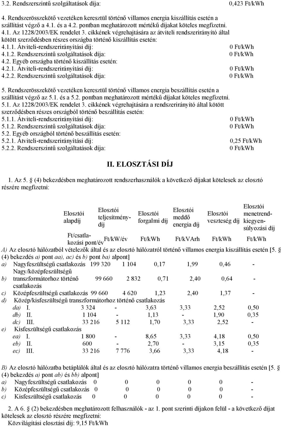 1.2. Rendszerszintő szolgáltatások díja: 0 Ft/kWh 4.2. Egyéb országba történı kiszállítás esetén: 4.2.1. Átviteli-rendszerirányítási díj: 0 Ft/kWh 4.2.2. Rendszerszintő szolgáltatások díja: 0 Ft/kWh 5.