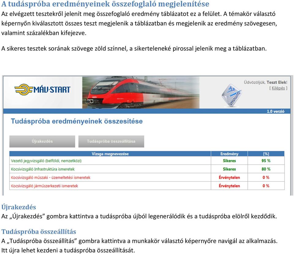 A sikeres tesztek sorának szövege zöld színnel, a sikerteleneké pirossal jelenik meg a táblázatban.