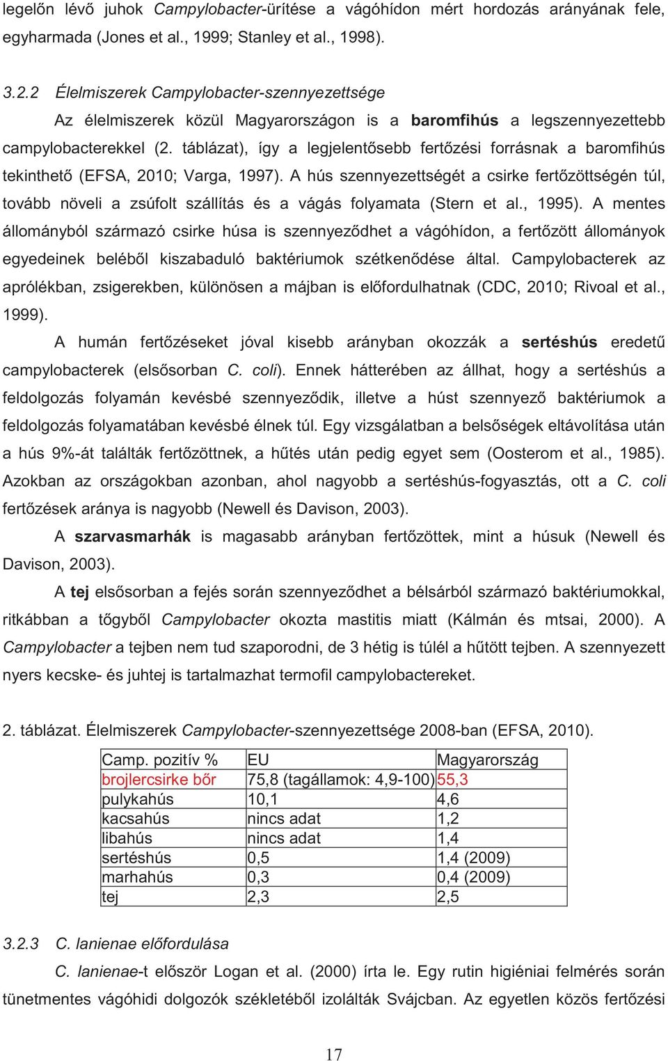 táblázat), így a legjelentősebb fertőzési forrásnak a baromfihús tekinthető (EFSA, 2010; Varga, 1997).