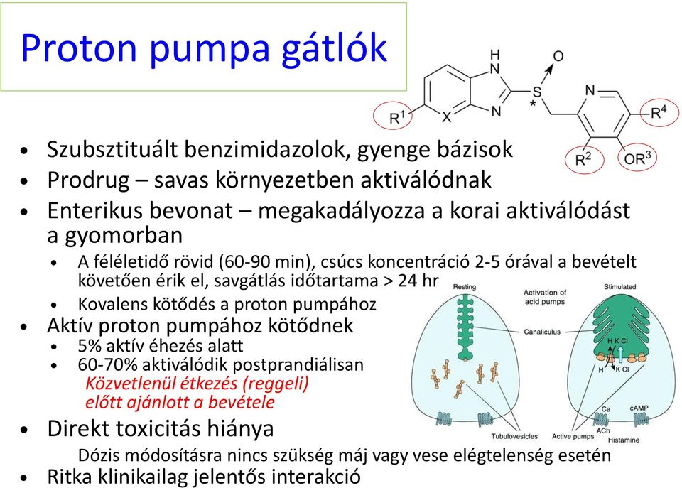 Kovalens kötődés a proton pumpához Aktív proton pumpához kötődnek 5% aktív éhezés alatt 60-70% aktiválódik postprandiálisan Közvetlenül étkezés