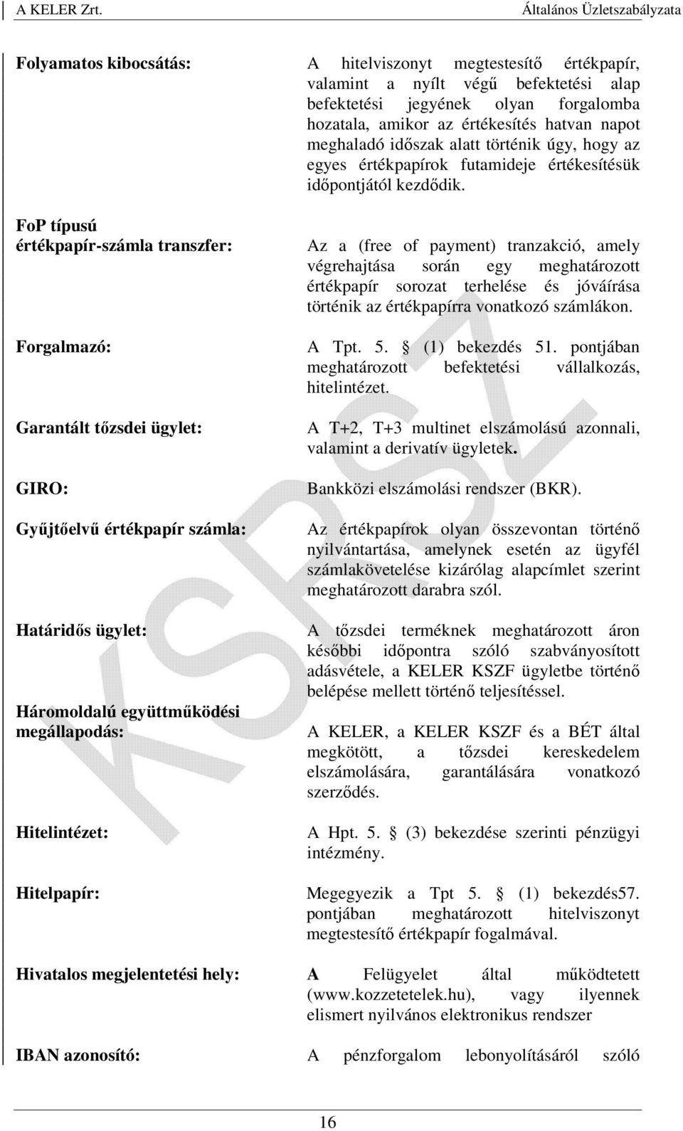 FoP típusú értékpapír-számla transzfer: Forgalmazó: Garantált tőzsdei ügylet: GIRO: Gyűjtőelvű értékpapír számla: Határidős ügylet: Háromoldalú együttműködési megállapodás: Hitelintézet: Hitelpapír: