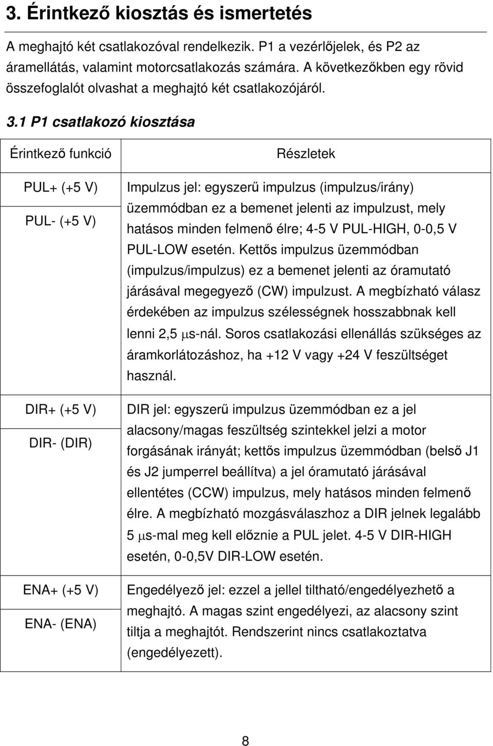 1 P1 csatlakozó kiosztása Érintkező funkció PUL+ (+5 V) PUL- (+5 V) DIR+ (+5 V) DIR- (DIR) ENA+ (+5 V) ENA- (ENA) Részletek Impulzus jel: egyszerű impulzus (impulzus/irány) üzemmódban ez a bemenet