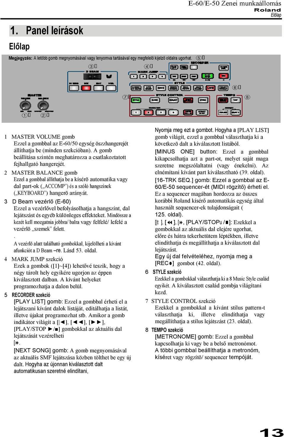 állíthatja be a kísérõ automatika vagy dal part-ok ( ACCOMP ) és a szóló hangszínek ( KEYBOARD ) hangerõ arányát 3 D Beam vezérl (E-60) Ezzel a vezérl vel befolyásolhatja a hangszínt, dal lejátszást