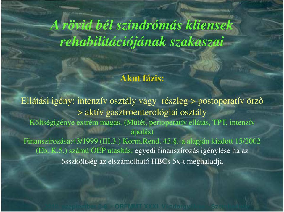 (Műtét, perioperatív ellátás, TPT, intenzív ápolás) Finanszírozása:43/1999 (III.3.) Korm.Rend.