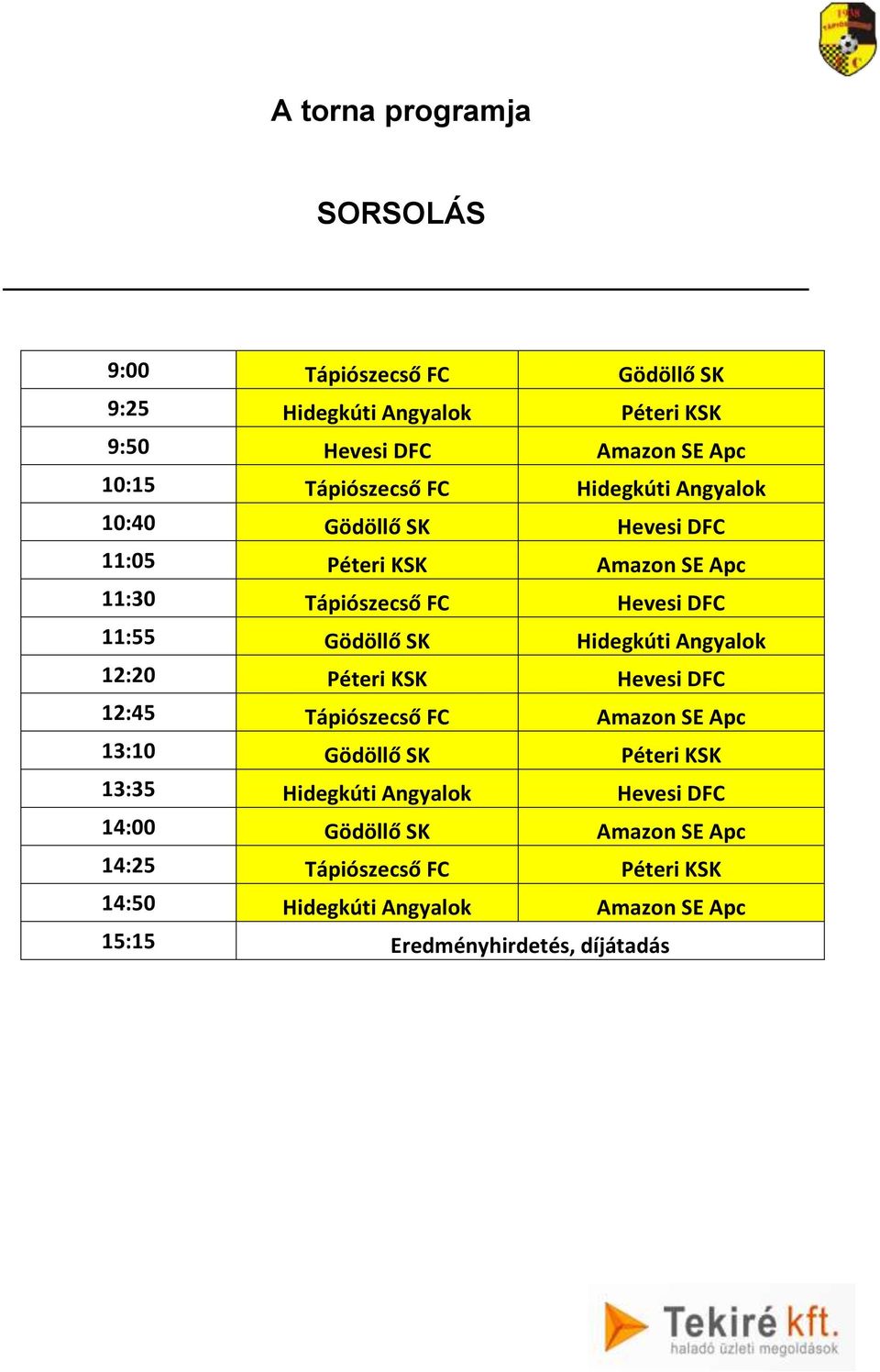 Gödöllő SK Hidegkúti Angyalok 12:20 Péteri KSK Hevesi DFC 12:45 Tápiószecső FC Amazon SE Apc 13:10 Gödöllő SK Péteri KSK 13:35 Hidegkúti