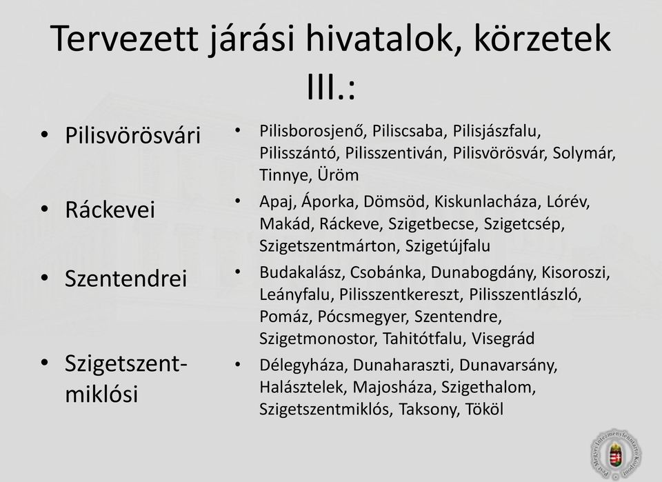 Solymár, Tinnye, Üröm Apaj, Áporka, Dömsöd, Kiskunlacháza, Lórév, Makád, Ráckeve, Szigetbecse, Szigetcsép, Szigetszentmárton, Szigetújfalu