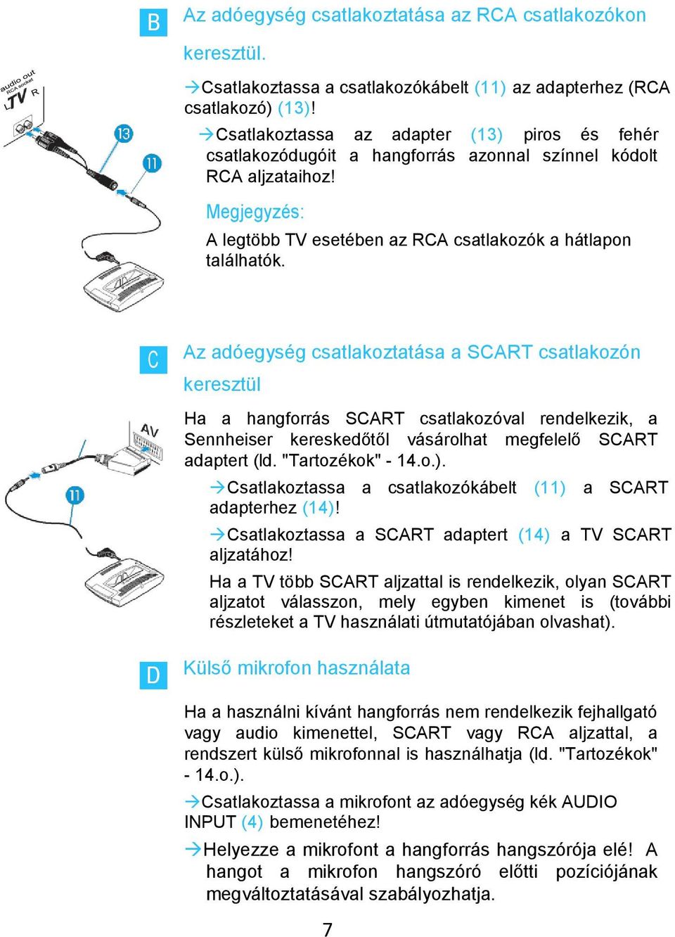 C Az adóegység csatlakoztatása a SCART csatlakozón keresztül Ha a hangforrás SCART csatlakozóval rendelkezik, a Sennheiser kereskedőtől vásárolhat megfelelő SCART adaptert (ld. "Tartozékok" - 14.o.).