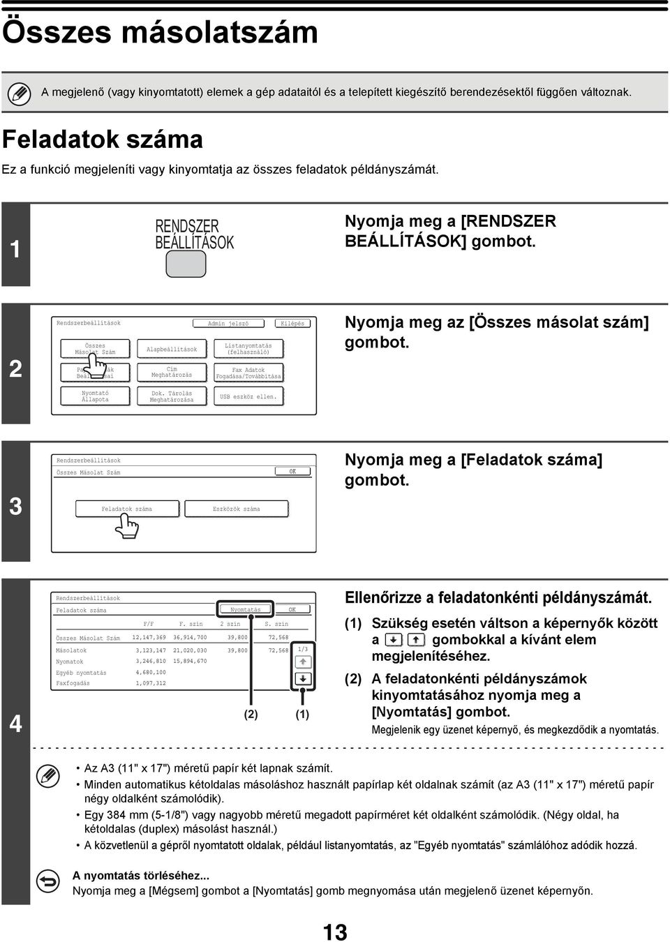 2 Összes Másolat Szám Papírtálcák Beállításai Alapbeállítások Cím Meghatározás Admin jelszó Listanyomtatás (felhasználó) Fax Adatok Fogadása/Továbbítása Nyomja meg az [Összes másolat szám] gombot.