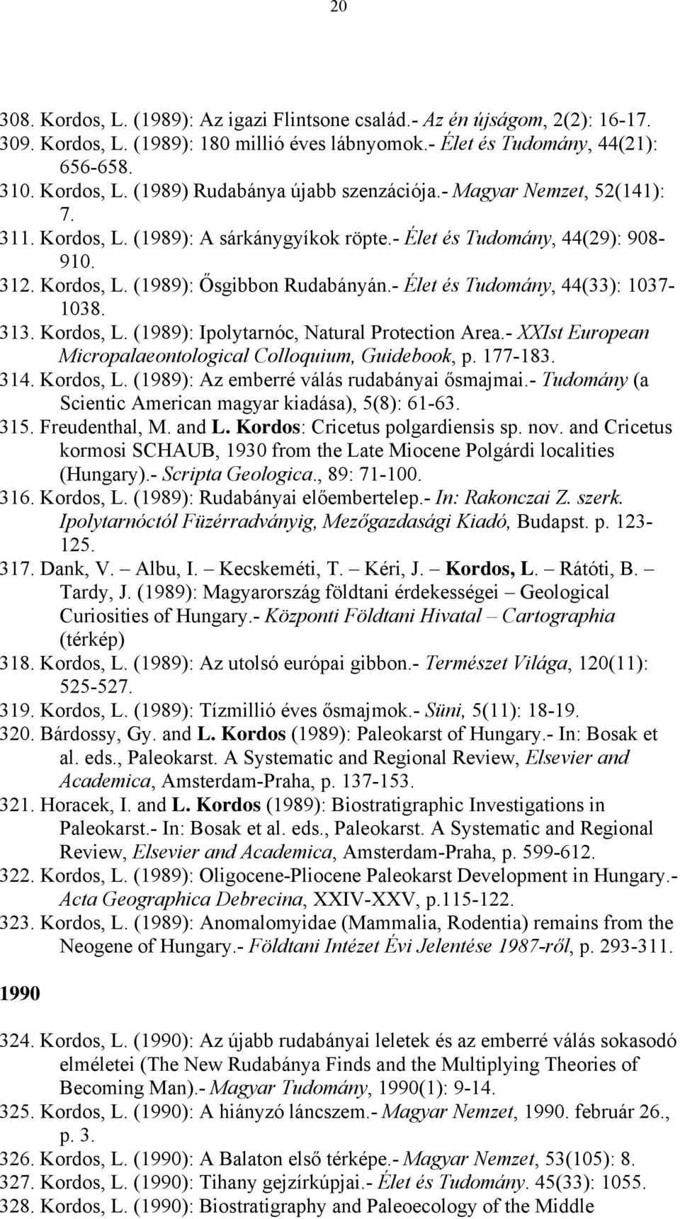 Kordos, L. (1989): Ipolytarnóc, Natural Protection Area.- XXIst European Micropalaeontological Colloquium, Guidebook, p. 177-183. 314. Kordos, L. (1989): Az emberré válás rudabányai ősmajmai.