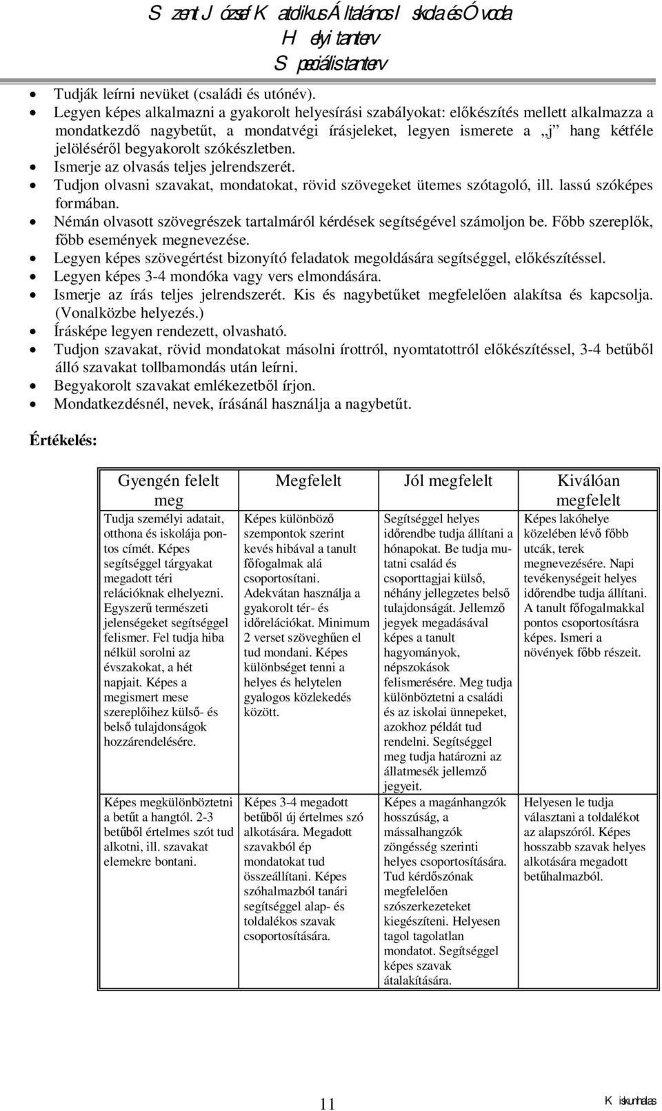 szókészletben. Ismerje az olvasás teljes jelrendszerét. Tudjon olvasni szavakat, mondatokat, rövid szövegeket ütemes szótagoló, ill. lassú szóképes formában.