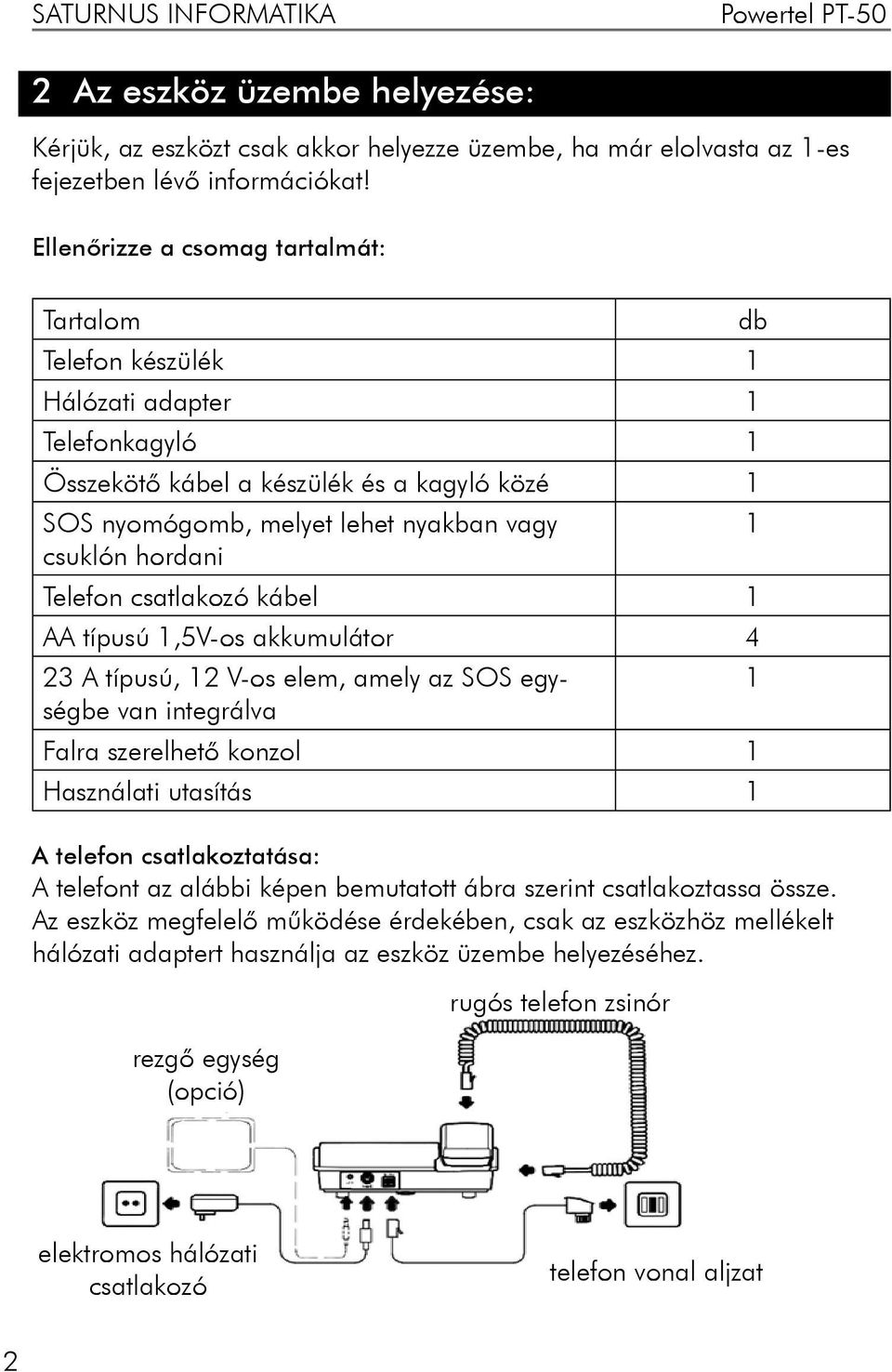 hordani Telefon csatlakozó kábel 1 AA típusú 1,5V-os akkumulátor 4 23 A típusú, 12 V-os elem, amely az SOS egységbe 1 van integrálva Falra szerelhető konzol 1 Használati utasítás 1 A telefon