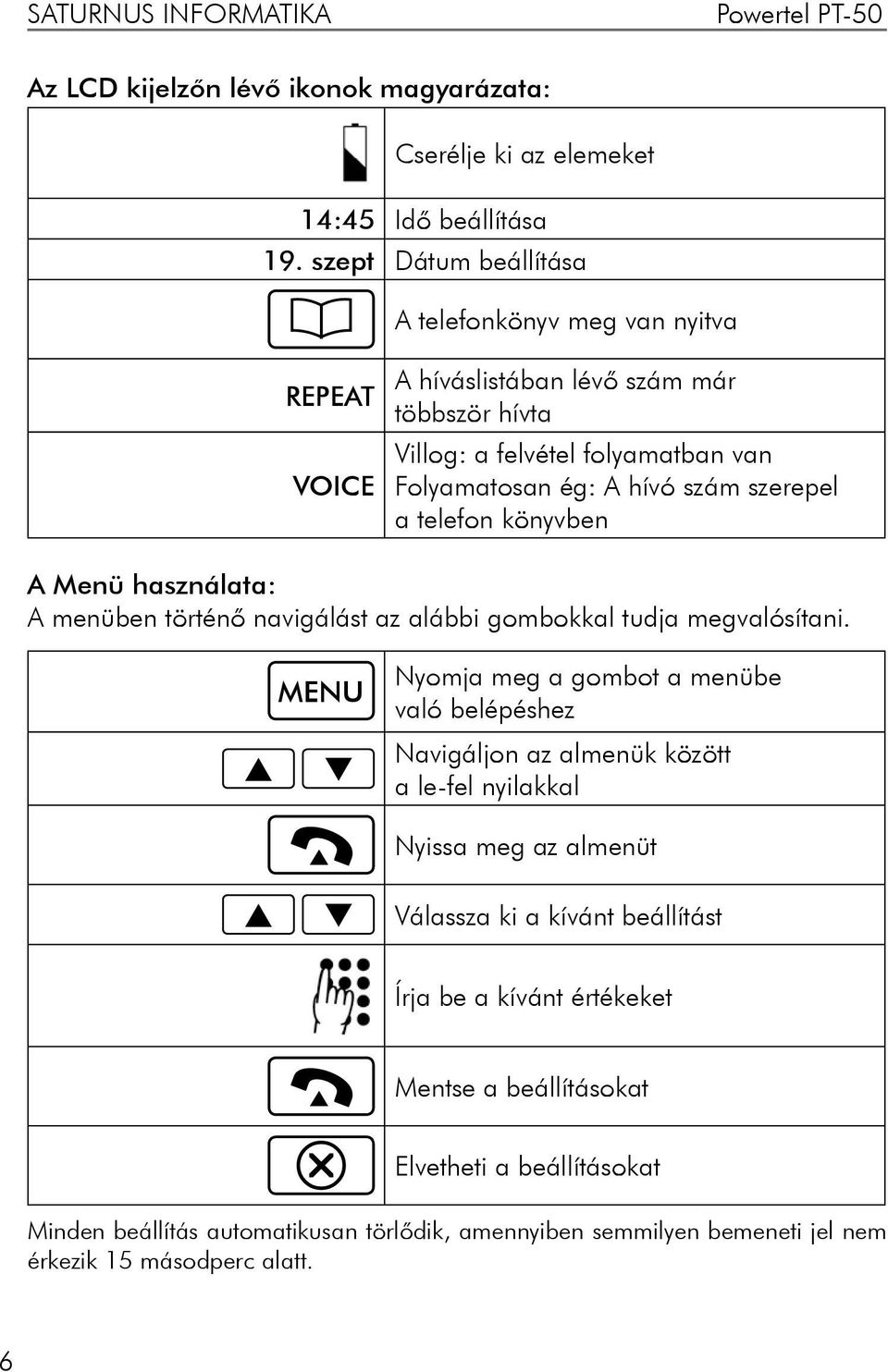 szerepel a telefon könyvben A Menü használata: A menüben történő navigálást az alábbi gombokkal tudja megvalósítani.