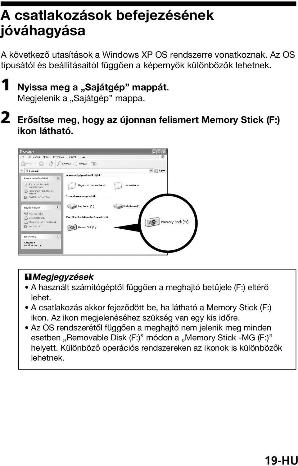 PMegjegyzések A használt számítógéptől függően a meghajtó betűjele (F:) eltérő lehet. A csatlakozás akkor fejeződött be, ha látható a Memory Stick (F:) ikon.