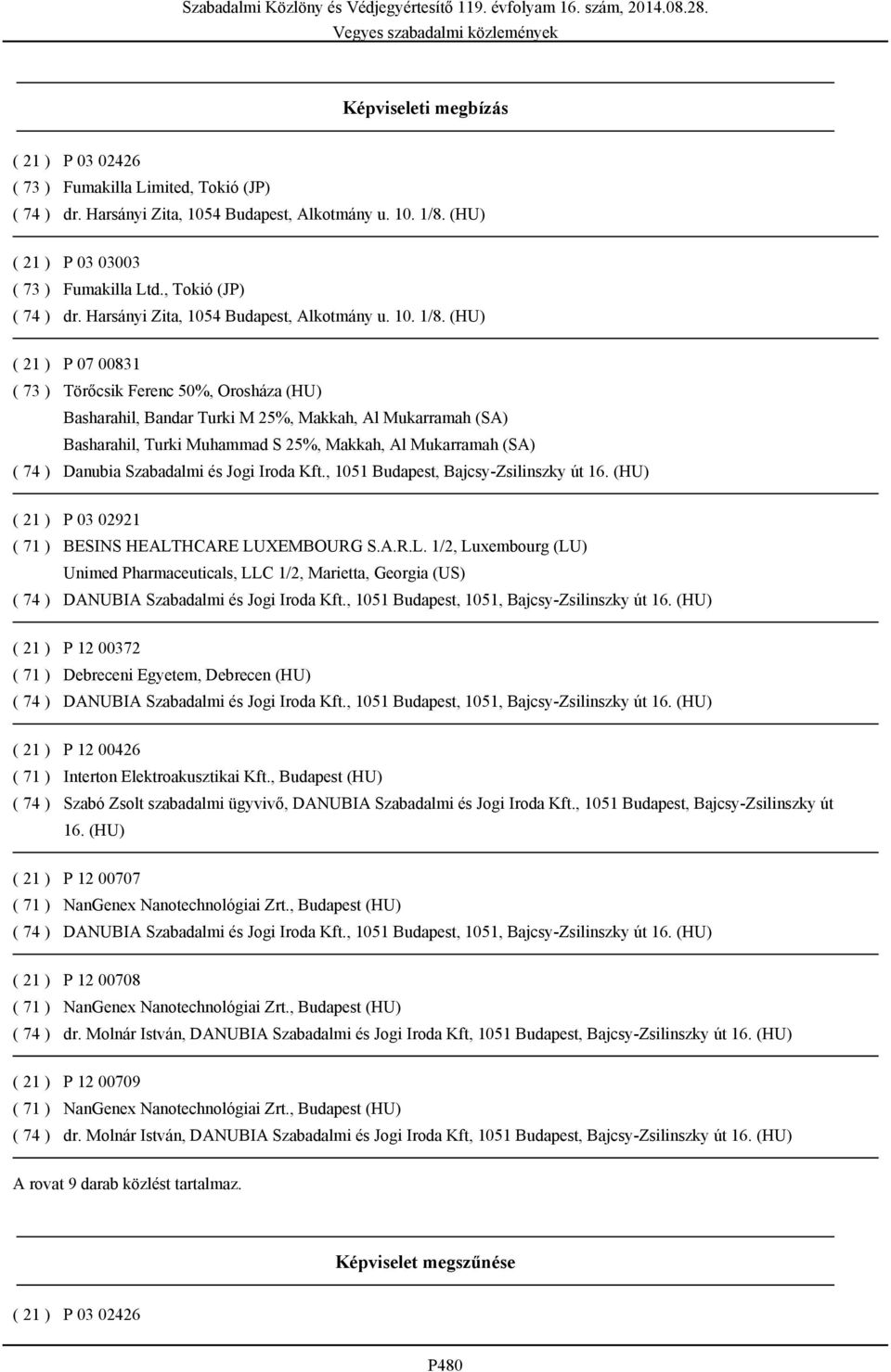 (HU) P 07 00831 Törőcsik Ferenc 50%, Orosháza (HU) Basharahil, Bandar Turki M 25%, Makkah, Al Mukarramah (SA) Basharahil, Turki Muhammad S 25%, Makkah, Al Mukarramah (SA) P 03 02921 BESINS HEALTHCARE