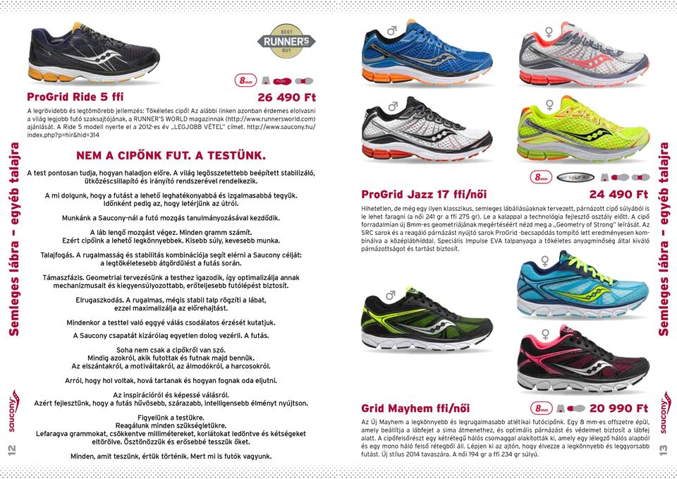 A Ride 5 modell nyerte el a 2012-es év LEGJOBB VÉTEL címet. http://www.saucony.hu/ index.php?p=hir&hid=314 Semleges lábra egyéb talajra 12 Nem a cipônk fut. A testünk.