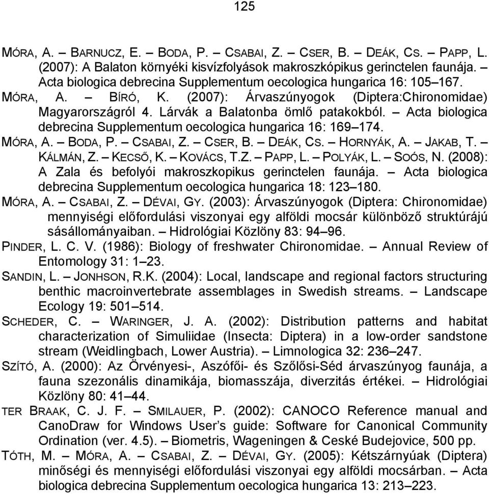 Acta biologica debrecina Supplementum oecologica hungarica 16: 169 174. MÓRA, A. BODA, P. CSABAI, Z. CSER, B. DEÁK, CS. HORNYÁK, A. JAKAB, T. KÁLMÁN, Z. KECSŐ, K. KOVÁCS, T.Z. PAPP, L. POLYÁK, L.