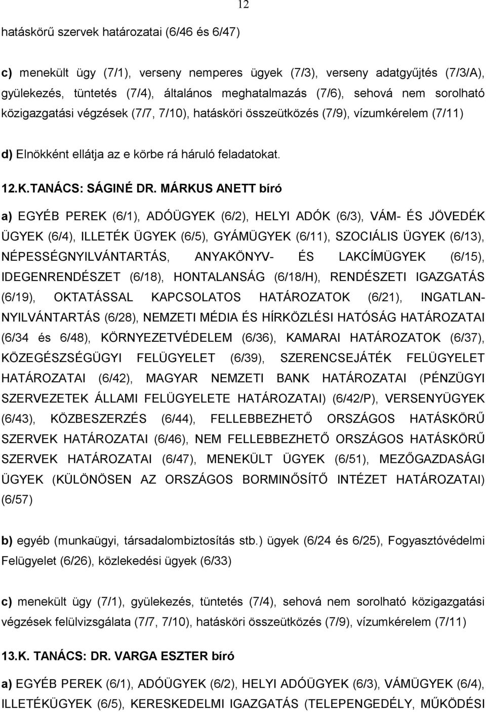 MÁRKUS ANETT bíró a) EGYÉB PEREK (6/1), ADÓÜGYEK (6/2), HELYI ADÓK (6/3), VÁM- ÉS JÖVEDÉK ÜGYEK (6/4), ILLETÉK ÜGYEK (6/5), GYÁMÜGYEK (6/11), SZOCIÁLIS ÜGYEK (6/13), NÉPESSÉGNYILVÁNTARTÁS, ANYAKÖNYV-