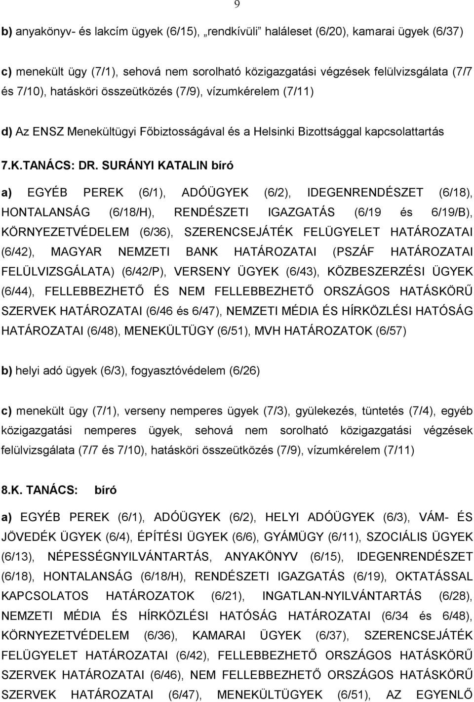 SURÁNYI KATALIN bíró a) EGYÉB PEREK (6/1), ADÓÜGYEK (6/2), IDEGENRENDÉSZET (6/18), HONTALANSÁG (6/18/H), RENDÉSZETI IGAZGATÁS (6/19 és 6/19/B), KÖRNYEZETVÉDELEM (6/36), SZERENCSEJÁTÉK FELÜGYELET