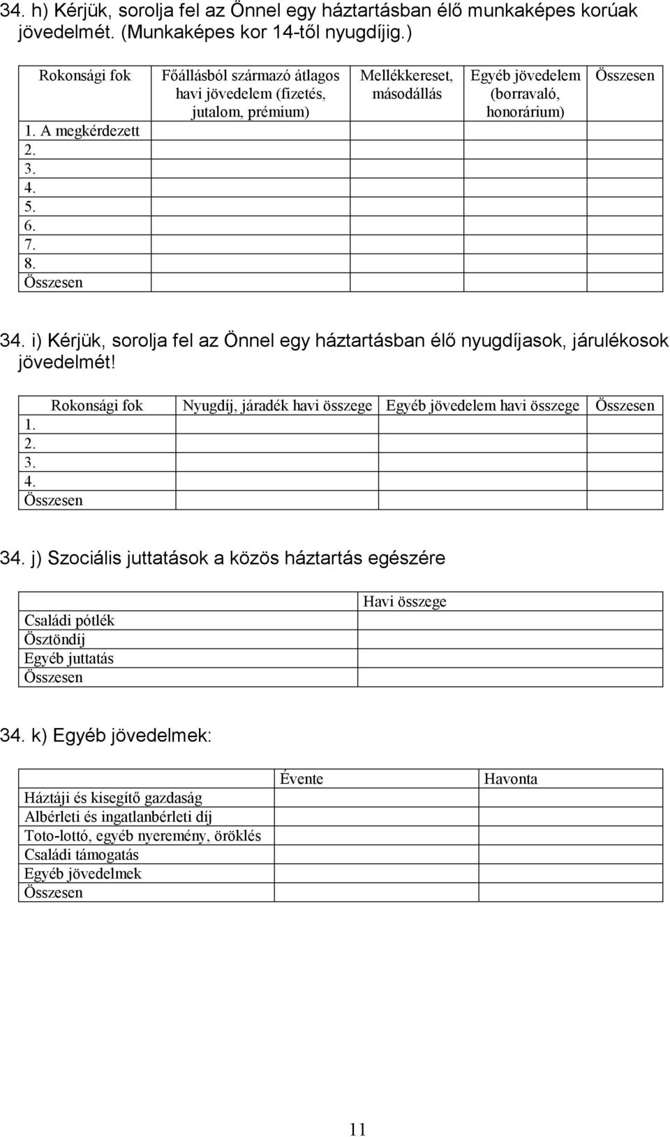 i) Kérjük, sorolja fel az Önnel egy háztartásban élő nyugdíjasok, járulékosok jövedelmét! Rokonsági fok Nyugdíj, járadék havi összege Egyéb jövedelem havi összege Összesen 1. 2. 3. 4. Összesen 34.