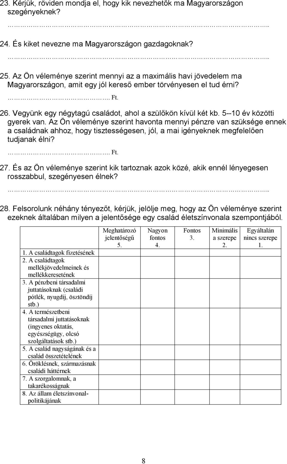 5--10 év közötti gyerek van. Az Ön véleménye szerint havonta mennyi pénzre van szüksége ennek a családnak ahhoz, hogy tisztességesen, jól, a mai igényeknek megfelelően tudjanak élni?. Ft. 27.
