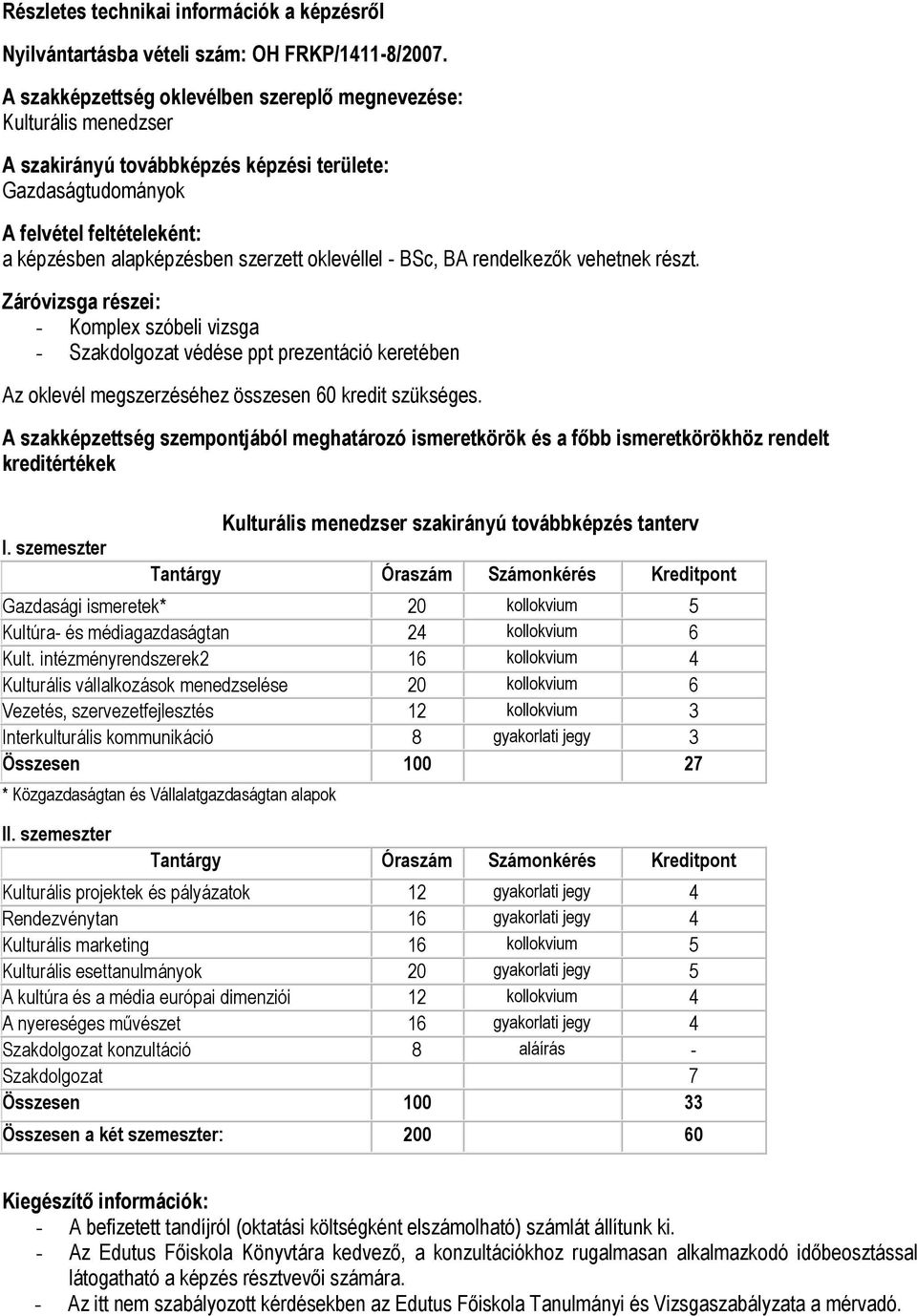 oklevéllel - BSc, BA rendelkezők vehetnek részt. Záróvizsga részei: - Komplex szóbeli vizsga - Szakdolgozat védése ppt prezentáció keretében Az oklevél megszerzéséhez összesen 60 kredit szükséges.