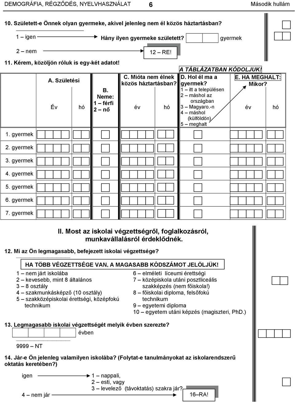 HA MEGHALT: gyermek? Mikor? 1 itt a településen 2 máshol az országban 3 Magyaro.-n év hó 4 máshol (külföldön) 5 meghalt II. Most az iskolai végzettségről, foglalkozásról, munkavállalásról érdeklődnék.