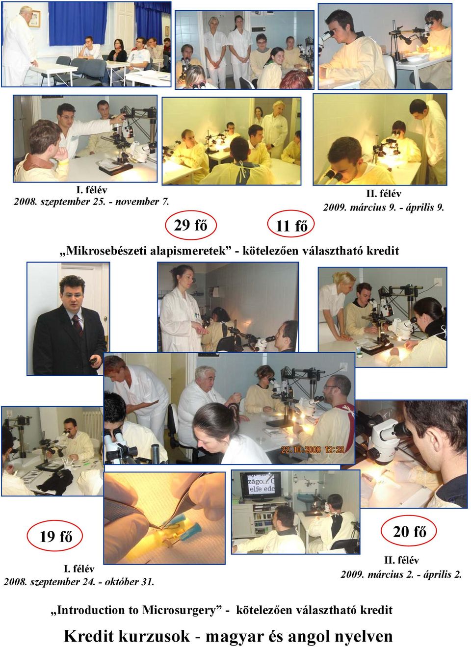 félév 2008. szeptember 24. - október 31. 20 fő II. félév 2009. március 2. - április 2.